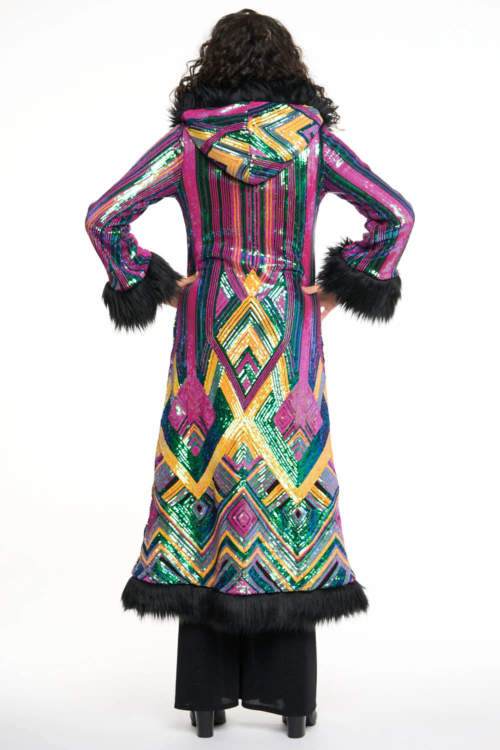 Deluxe Tamo Coat: Rainbow Deco Sequin + Black Faux Fur Trim