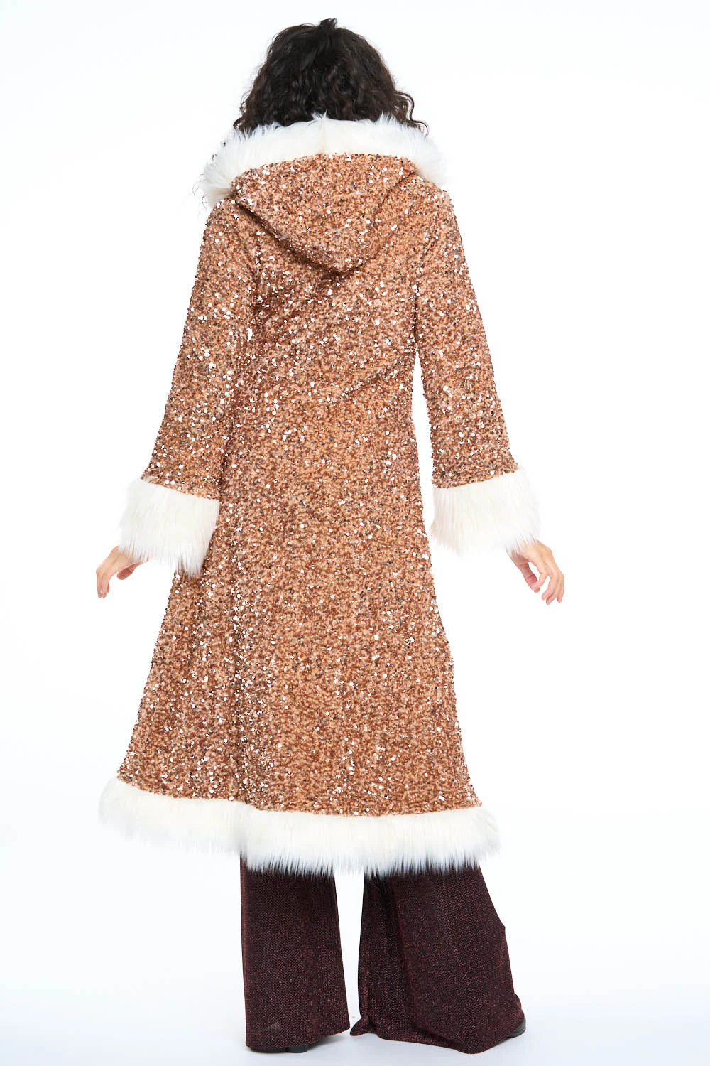 Deluxe Tamo Coat: Copper Starlight Sequin + Cream Faux Fur Trim