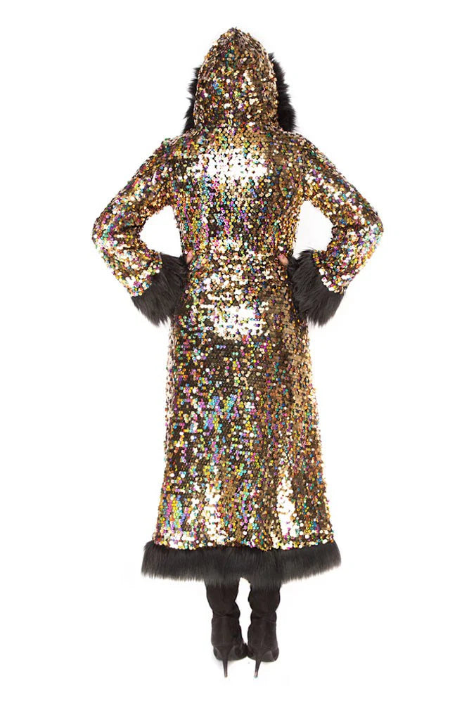 Deluxe Tamo Coat: Golden Rainbow + Black Faux Fur Trim