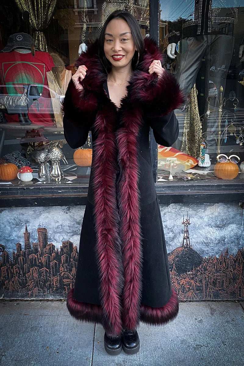 Classic Tamo Coat: Black Coat + Burgundy Trim