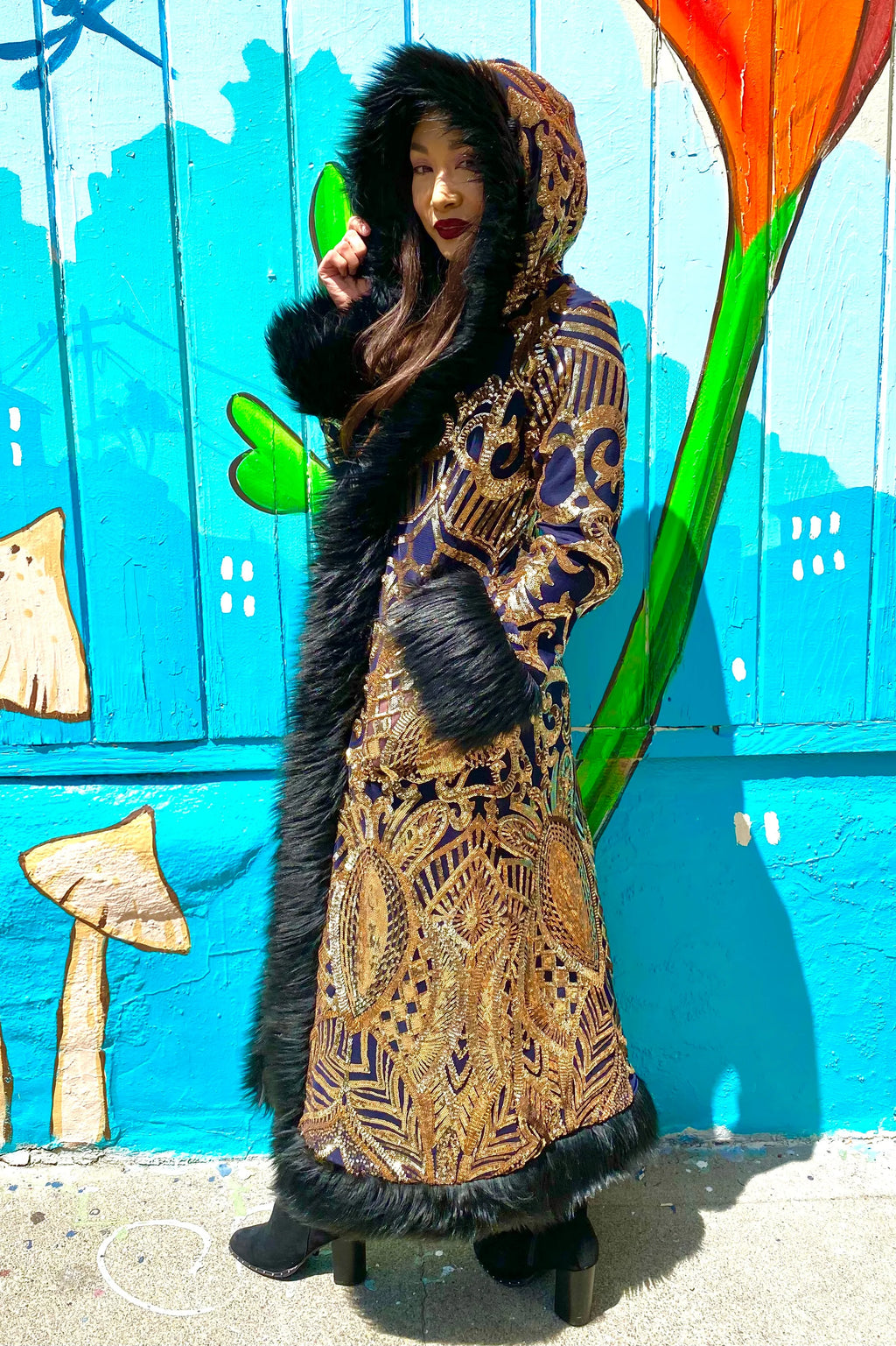 Deluxe Tamo Coat: Gold Nouveau Sequin + Black Faux Fur Trim