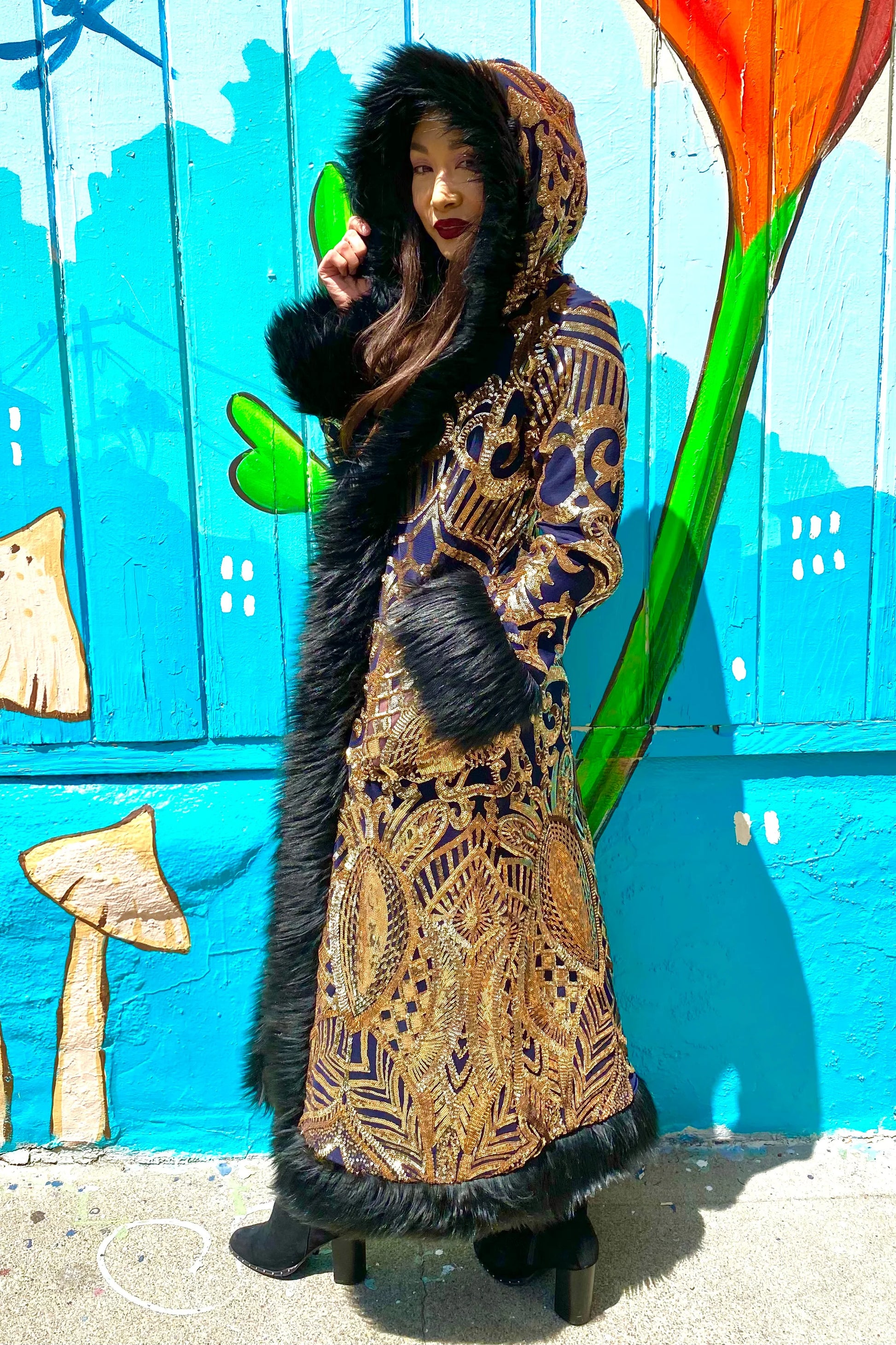 Deluxe Tamo Coat: Gold Nouveau Sequin + Black Faux Fur Trim