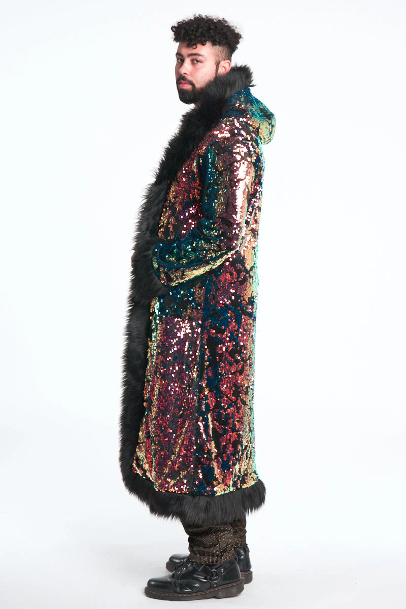 Deluxe Tamo Coat: Deep Sea Sequin + Black Faux Fur Trim