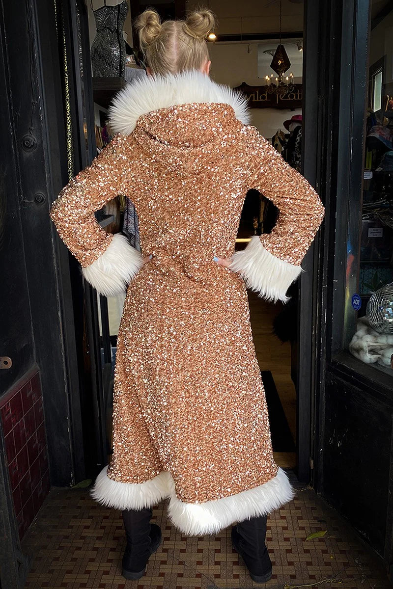 Deluxe Tamo Coat: Copper Starlight Sequin + Cream Faux Fur Trim