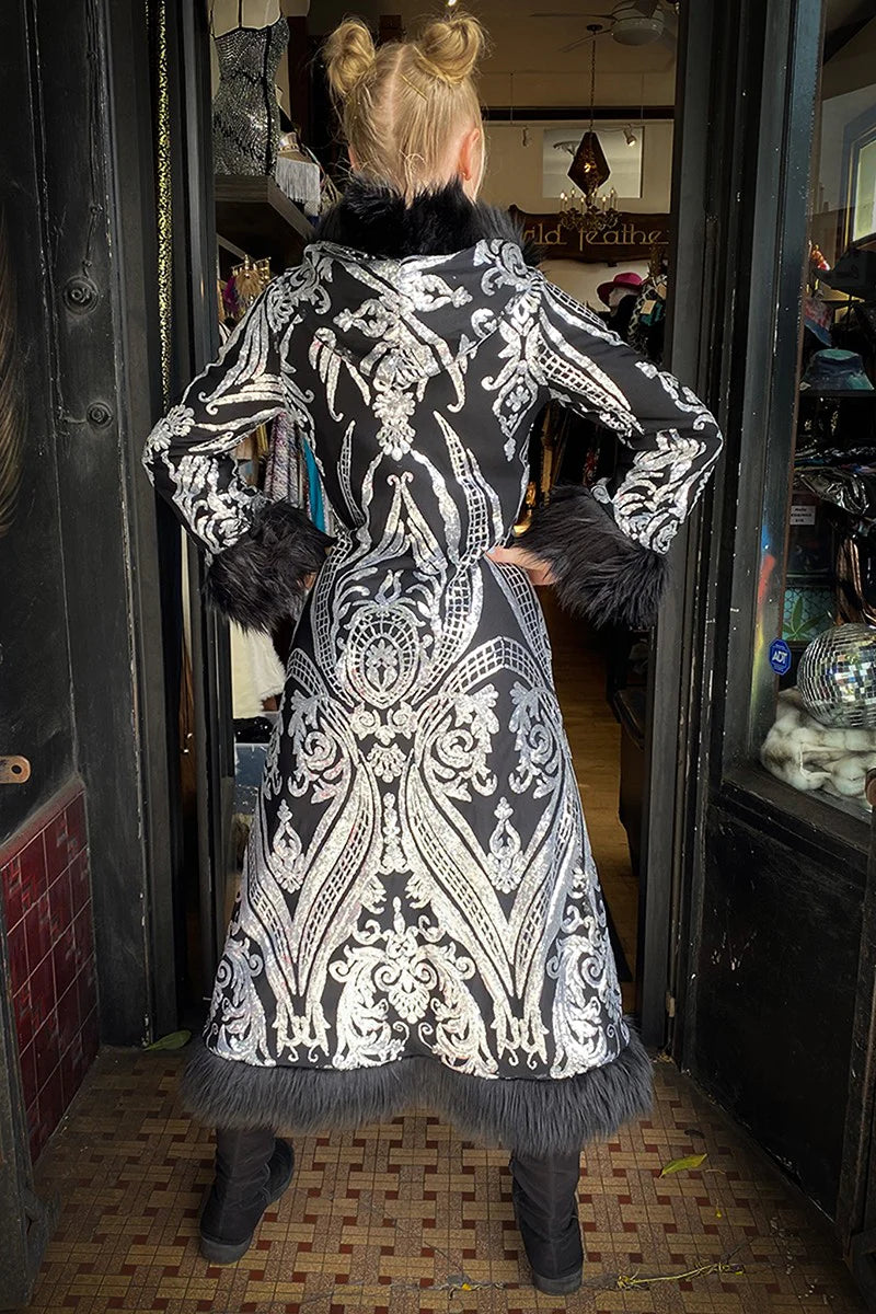 Deluxe Tamo Coat: Silver Baroque Sequin + Black Faux Fur Trim