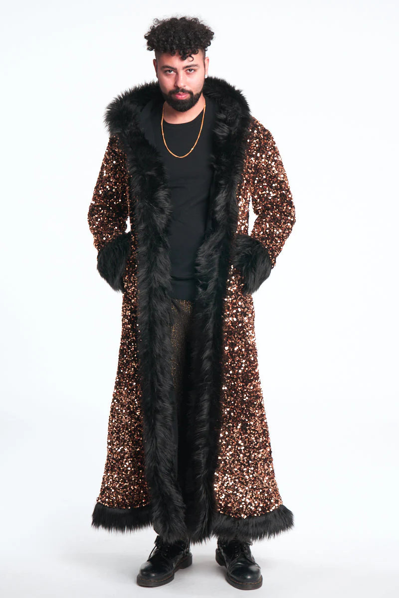 Deluxe Tamo Coat:  Solid Gold Sequin + Black Faux Fur Trim