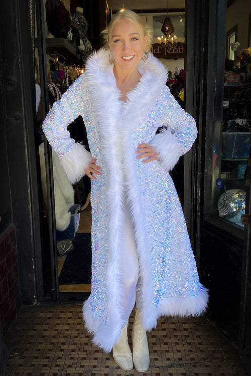 Deluxe Tamo Coat: Unicorn Starlight Sequin + White Faux Fur Trim