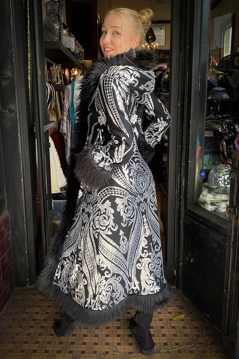 Deluxe Tamo Coat: Silver Baroque Sequin + Black Faux Fur Trim