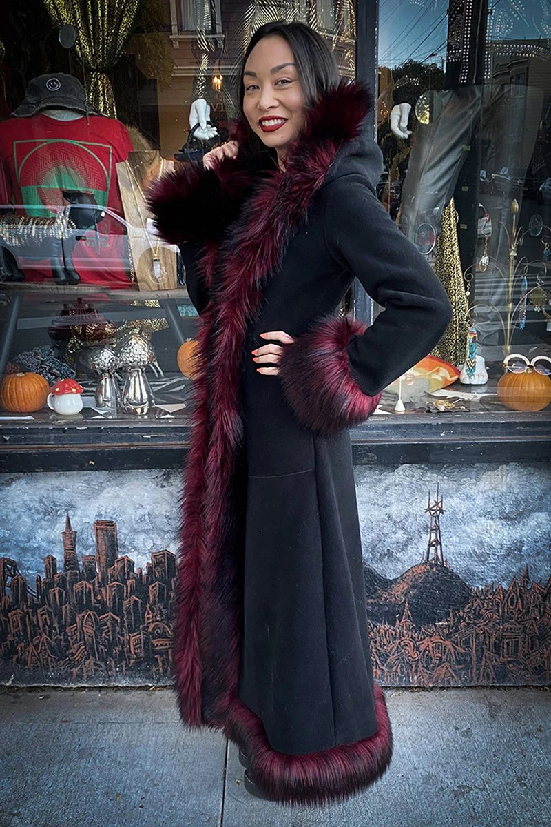 Classic Tamo Coat: Black Coat + Burgundy Trim