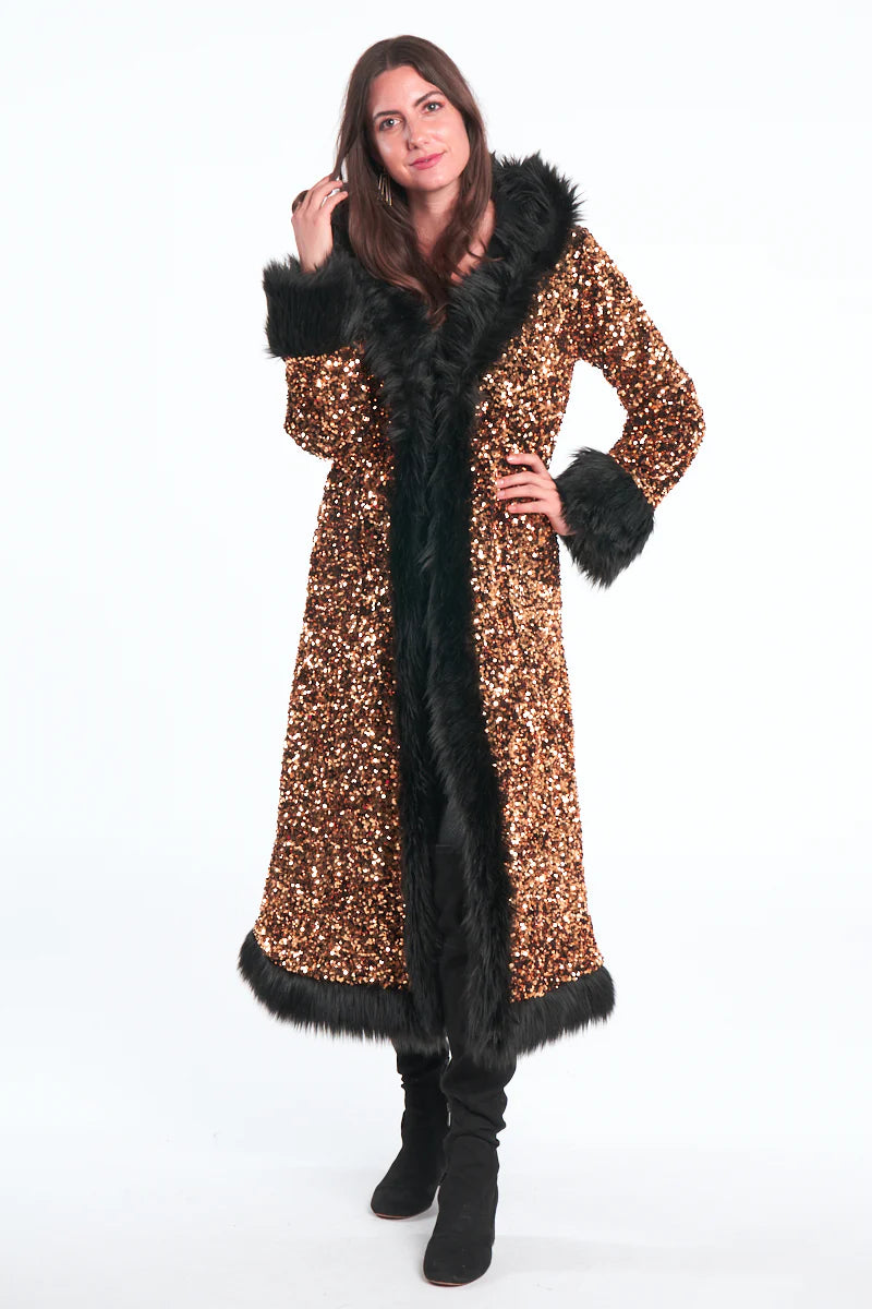 Deluxe Tamo Coat:  Solid Gold Sequin + Black Faux Fur Trim