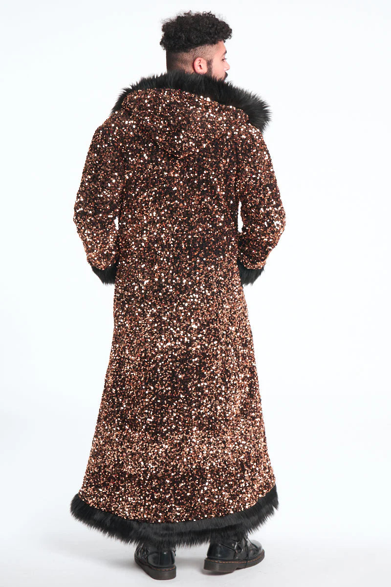 Deluxe Tamo Coat:  Solid Gold Sequin + Black Faux Fur Trim