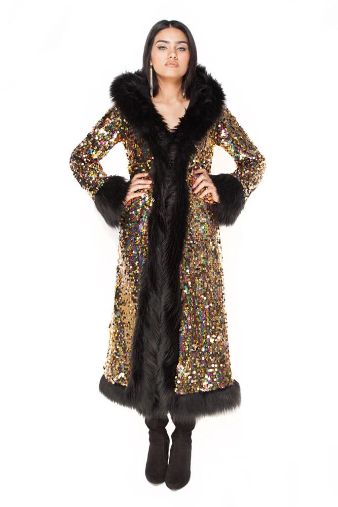 Deluxe Tamo Coat: Golden Rainbow + Black Faux Fur Trim