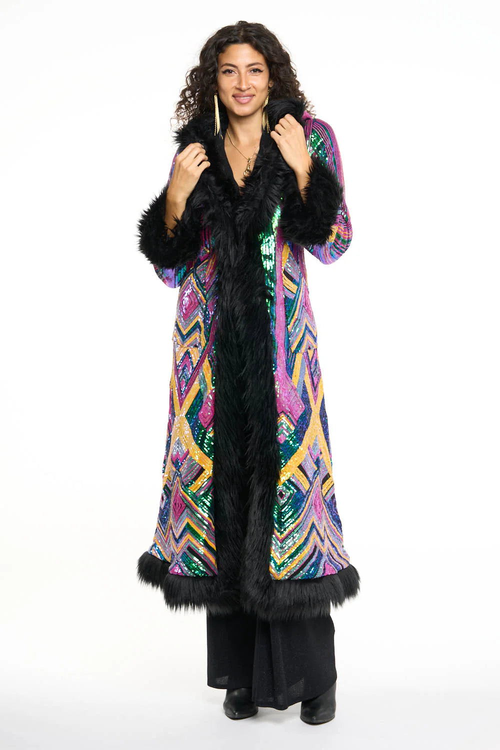 Deluxe Tamo Coat: Rainbow Deco Sequin + Black Faux Fur Trim