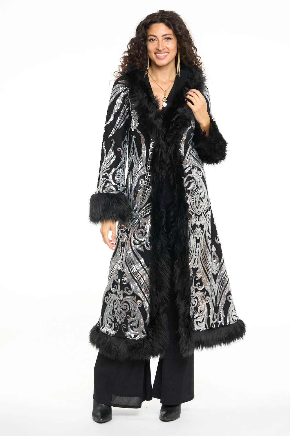Deluxe Tamo Coat: Silver Baroque Sequin + Black Faux Fur Trim
