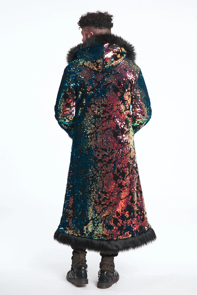 Deluxe Tamo Coat: Deep Sea Sequin + Black Faux Fur Trim