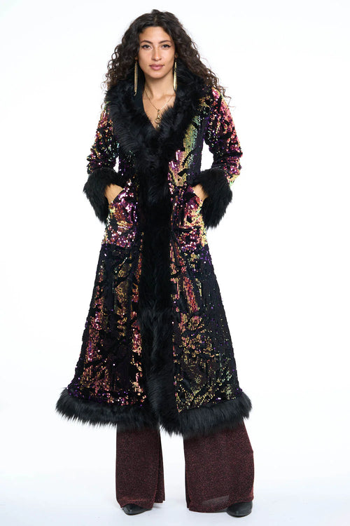 Deluxe Tamo Coat: Purple Rain + Black Faux Fur Trim
