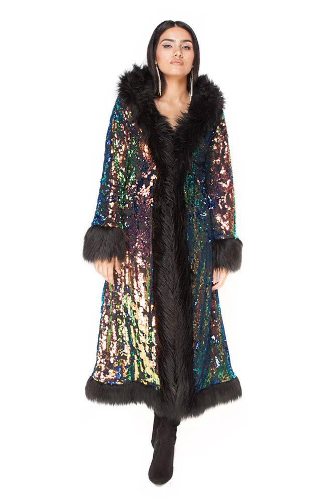 Deluxe Tamo Coat: Deep Sea Sequin + Black Faux Fur Trim