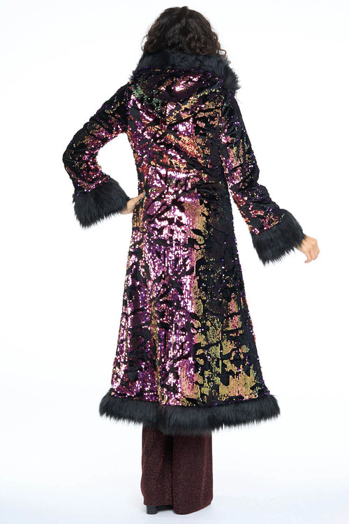 Deluxe Tamo Coat: Purple Rain + Black Faux Fur Trim