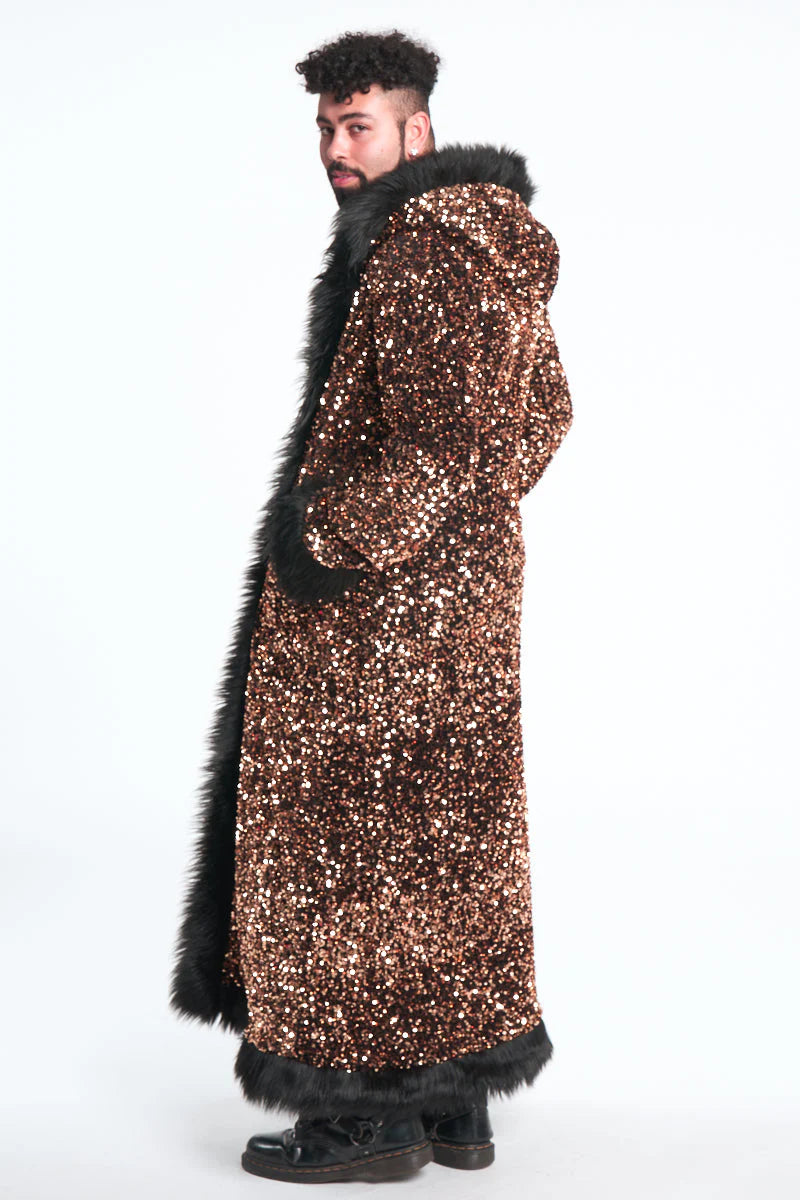 Deluxe Tamo Coat:  Solid Gold Sequin + Black Faux Fur Trim