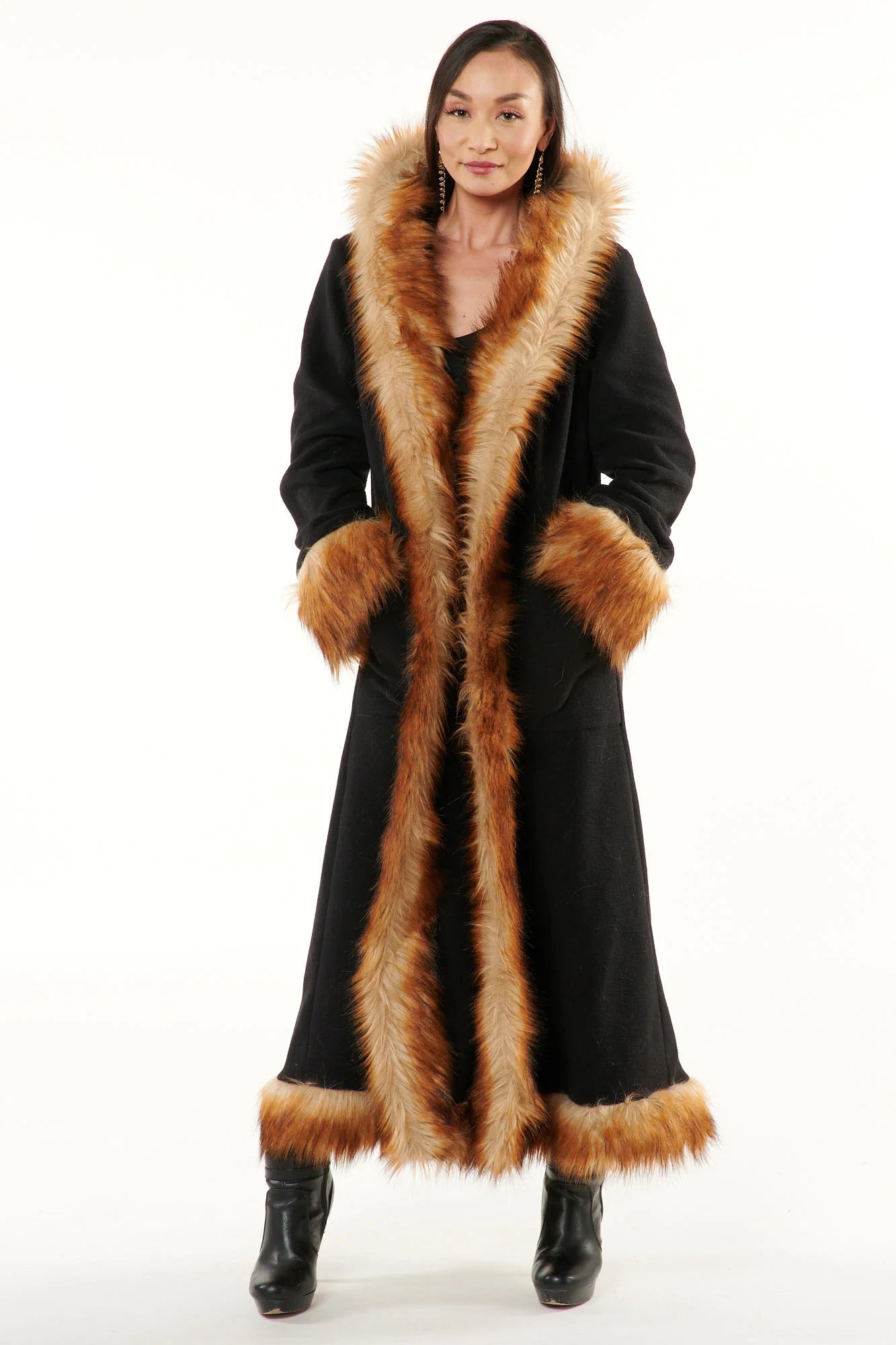 Classic Tamo Coat: Black Coat + Brown Fox Faux Fur Trim