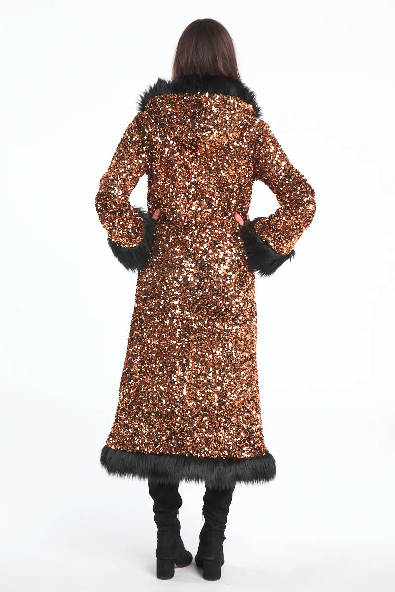 Deluxe Tamo Coat:  Solid Gold Sequin + Black Faux Fur Trim