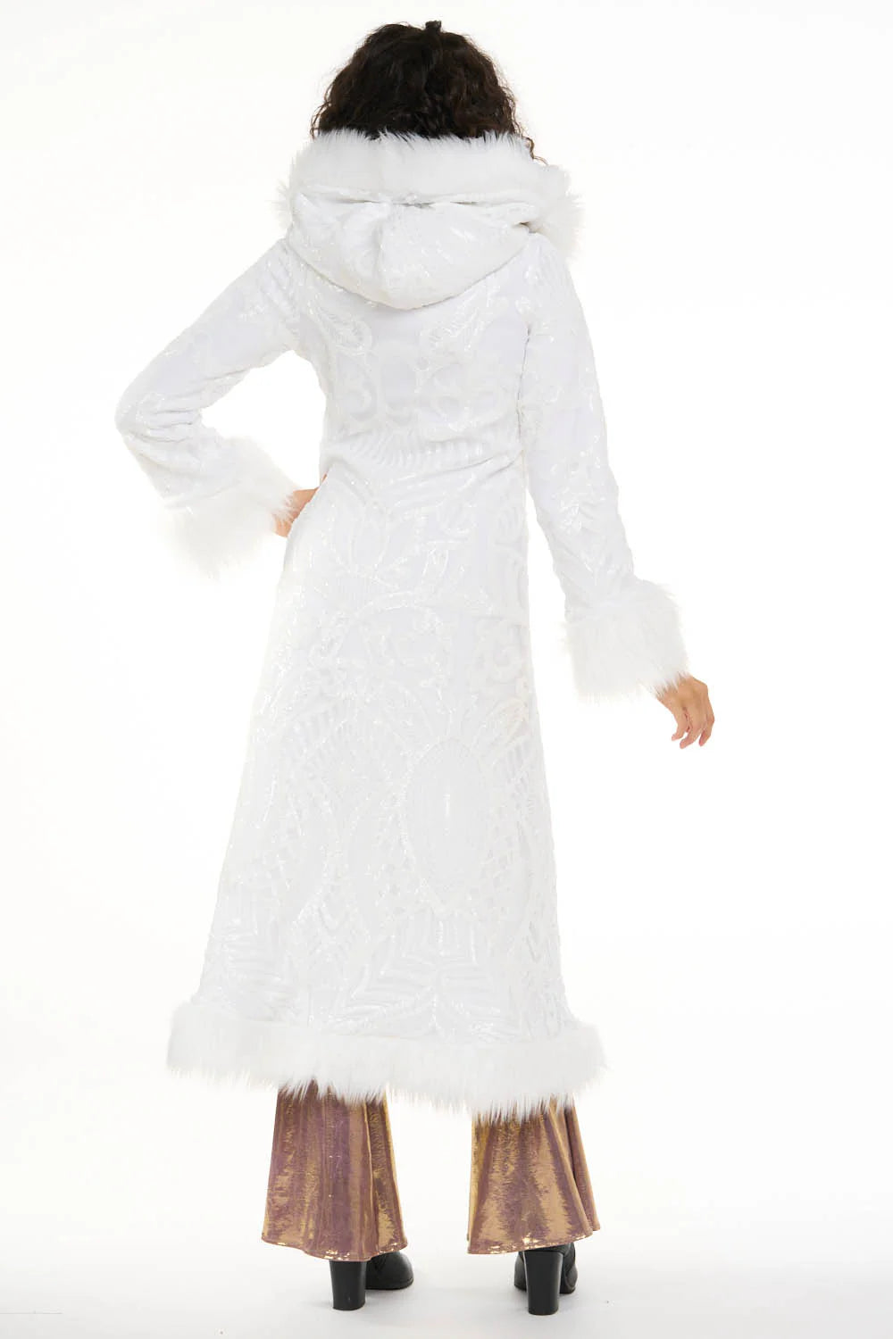 Deluxe Tamo Coat: White Baroque Sequin + White Faux Fur Trim