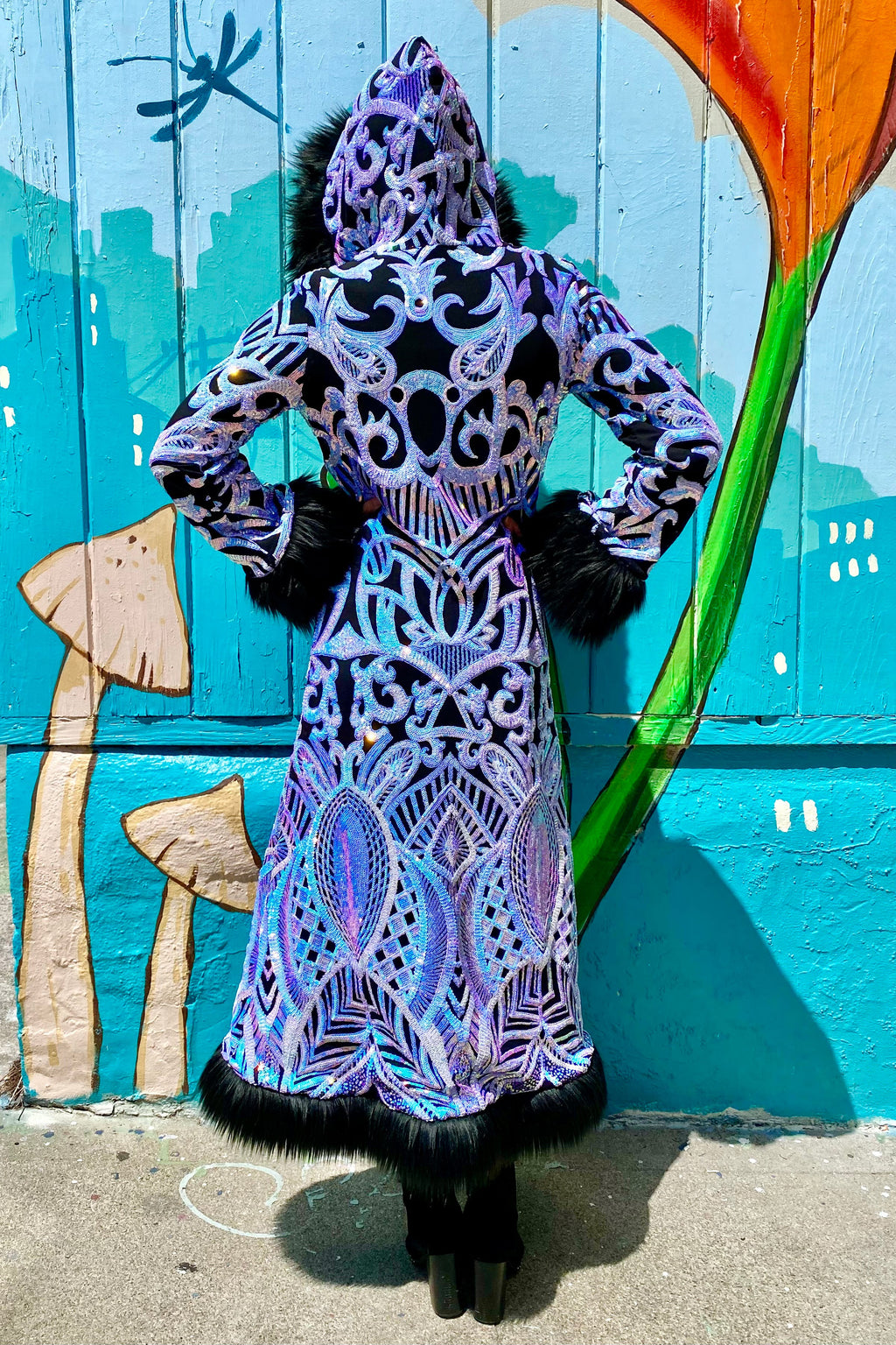 Deluxe Tamo Coat: Magic Nouveau Sequin + Black Faux Fur Trim