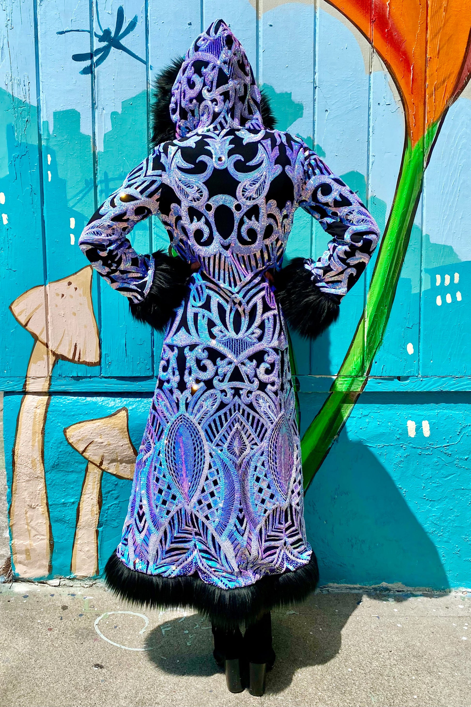 Deluxe Tamo Coat: Magic Nouveau Sequin + Black Faux Fur Trim