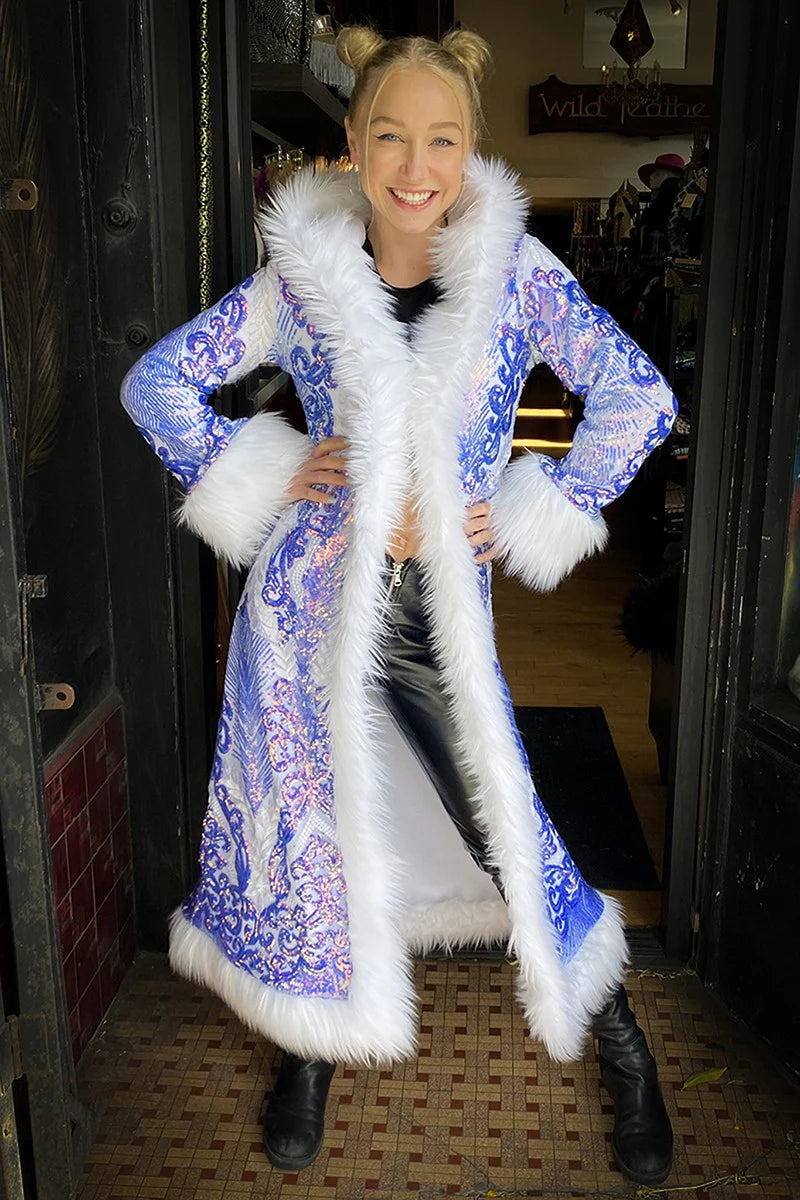 Deluxe Tamo Coat: Azure Athena Sequin + White Faux Fur Trim