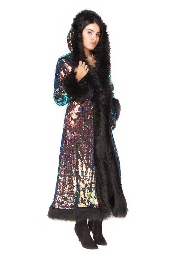 Deluxe Tamo Coat: Deep Sea Sequin + Black Faux Fur Trim