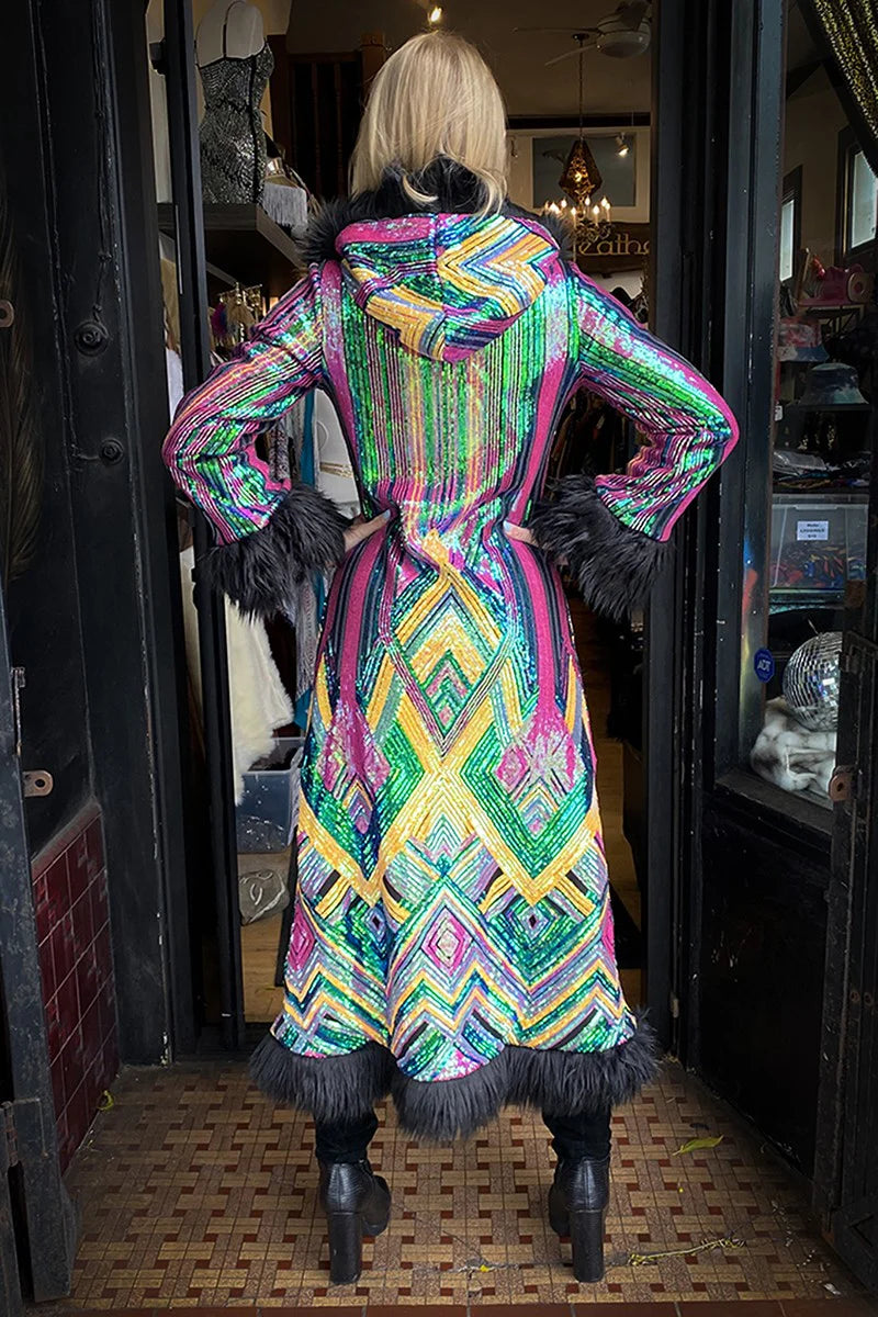 Deluxe Tamo Coat: Rainbow Deco Sequin + Black Faux Fur Trim