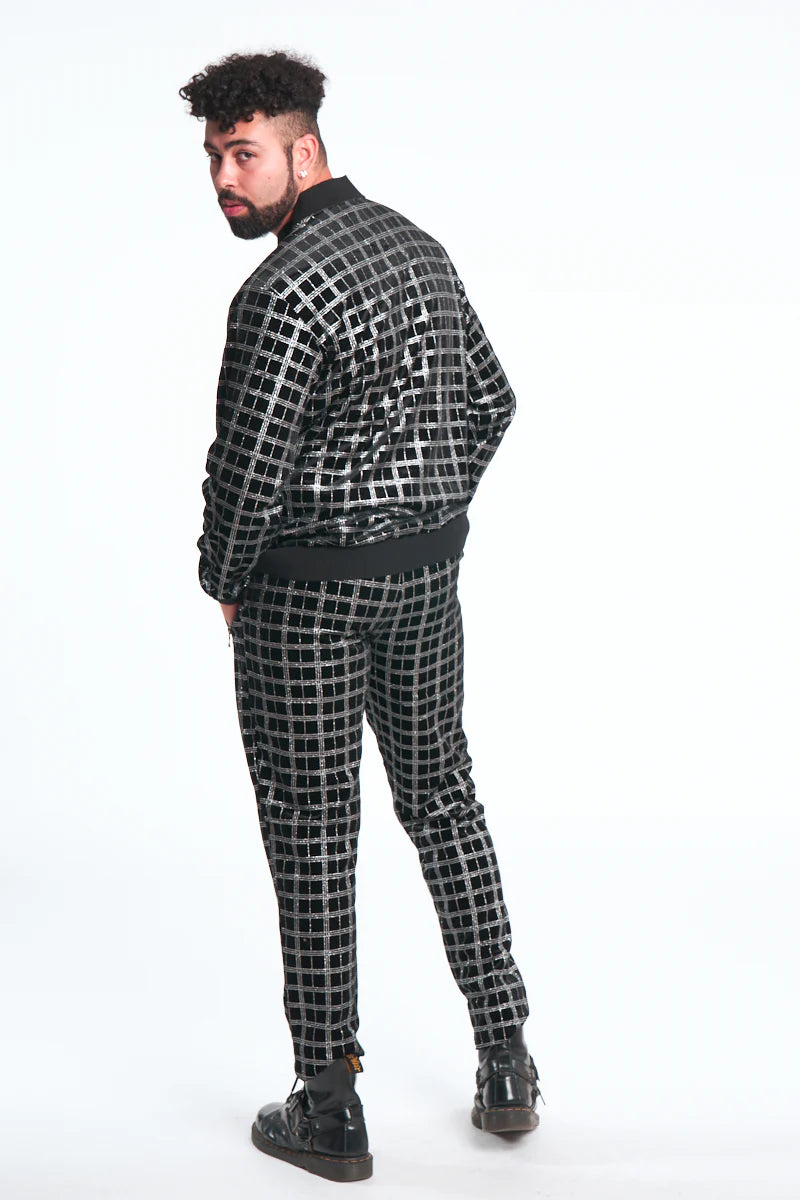 Silver Plaid Glitter Black Velour Track Suit