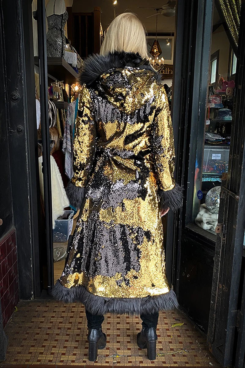 Deluxe Tamo Coat: Gold & Black Flip Sequin + Black Faux Fur Trim