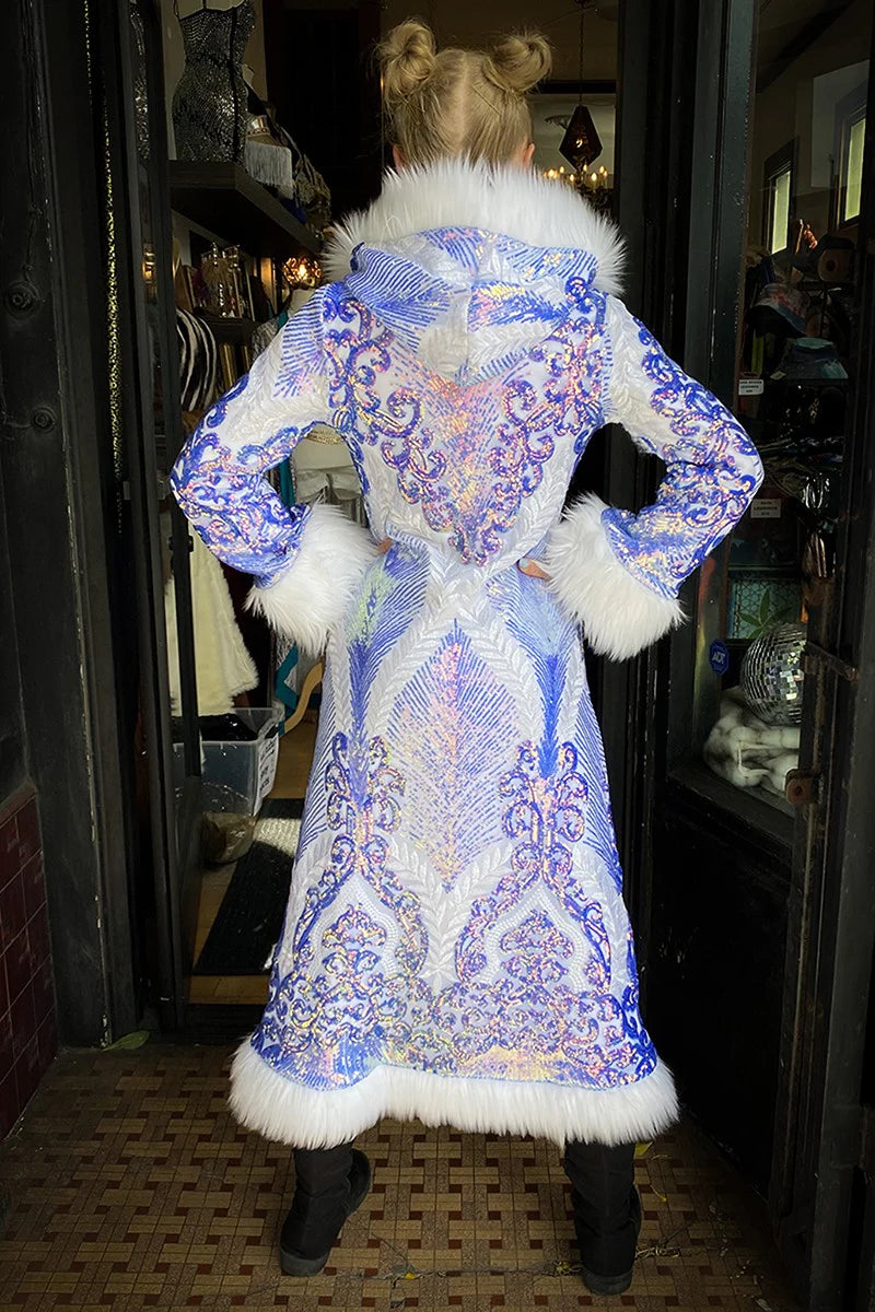 Deluxe Tamo Coat: Azure Athena Sequin + White Faux Fur Trim