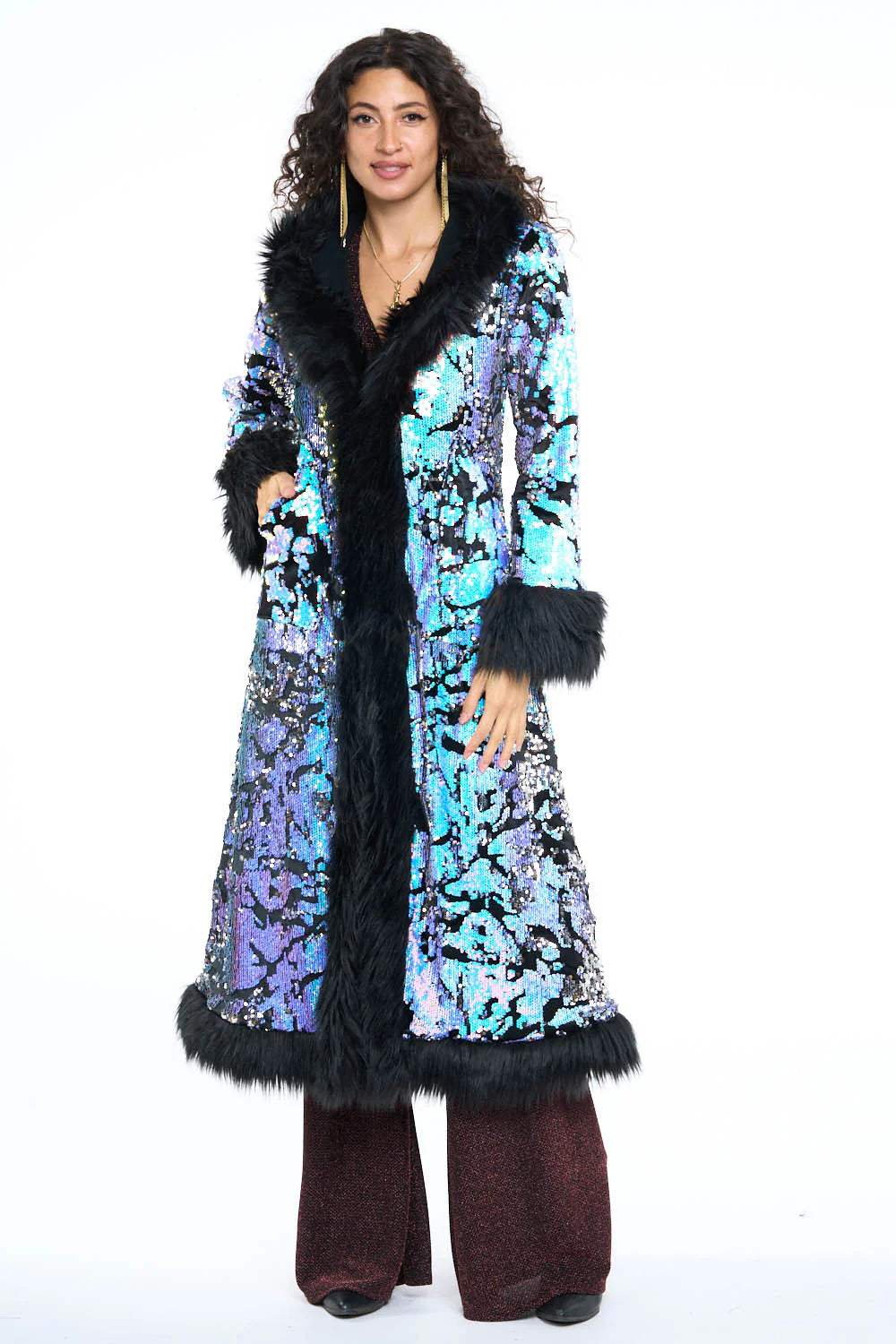 Deluxe Tamo Coat: Midnight Magic + Black Faux Fur Trim