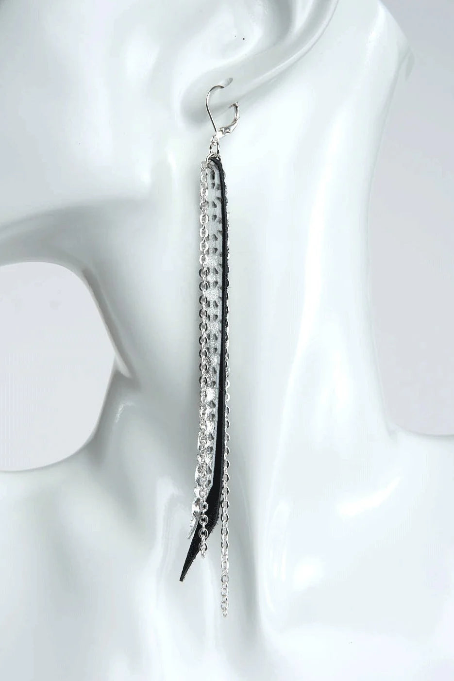 Black & Silver Textured Leather with Silver Chain Earrings