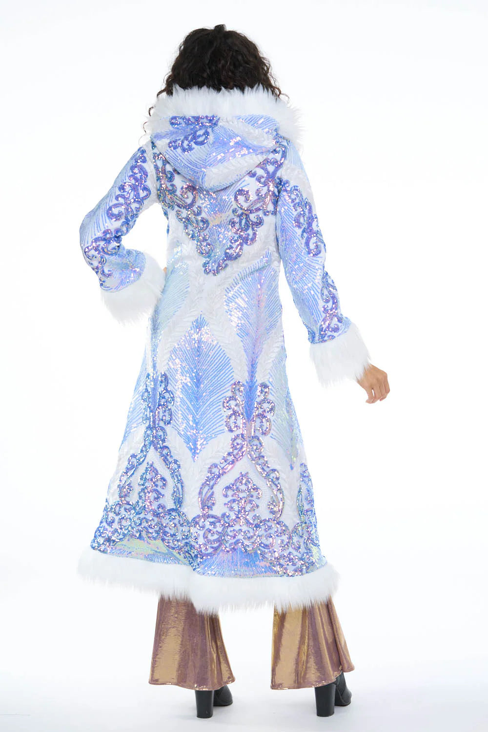 Deluxe Tamo Coat: Azure Athena Sequin + White Faux Fur Trim