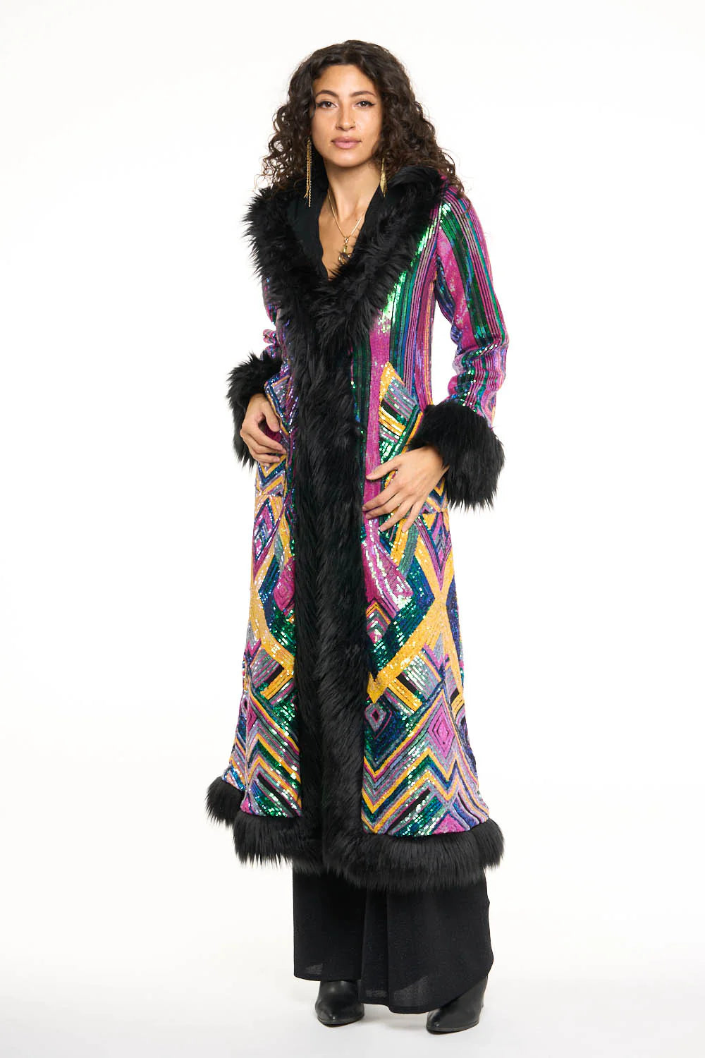 Deluxe Tamo Coat: Rainbow Deco Sequin + Black Faux Fur Trim