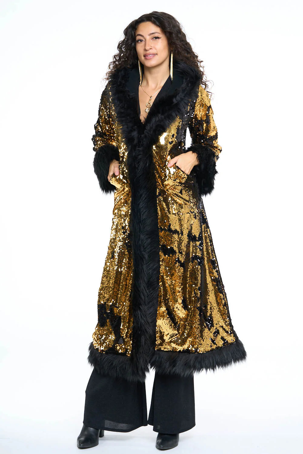 Deluxe Tamo Coat: Gold & Black Flip Sequin + Black Faux Fur Trim