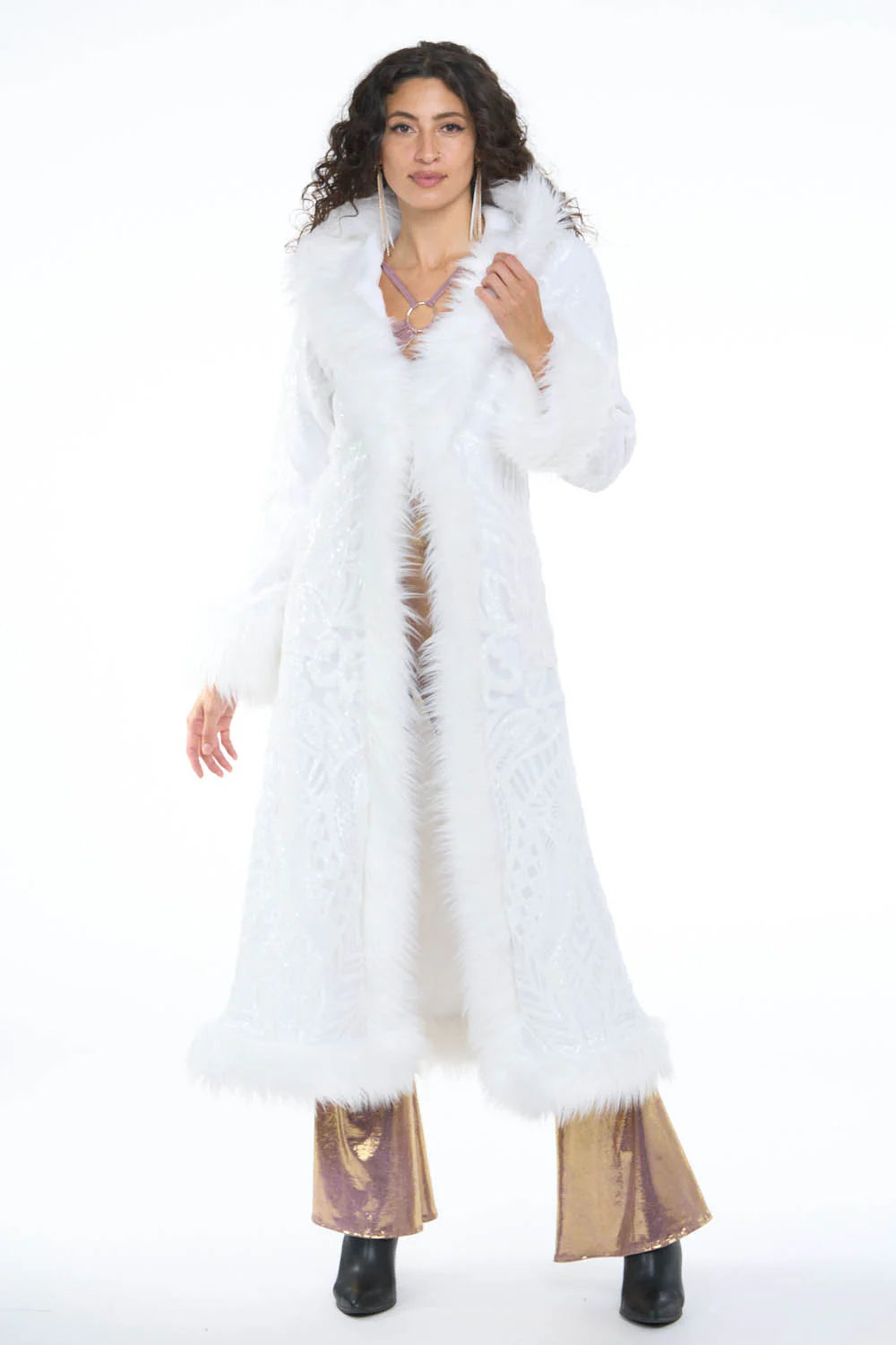 Deluxe Tamo Coat: White Baroque Sequin + White Faux Fur Trim