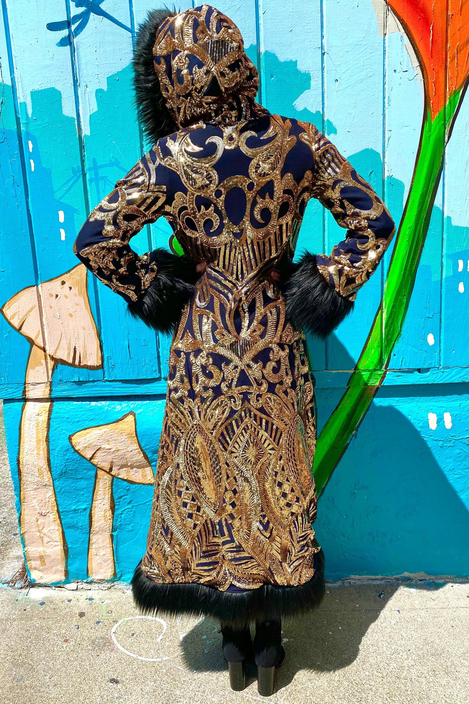Deluxe Tamo Coat: Gold Nouveau Sequin + Black Faux Fur Trim