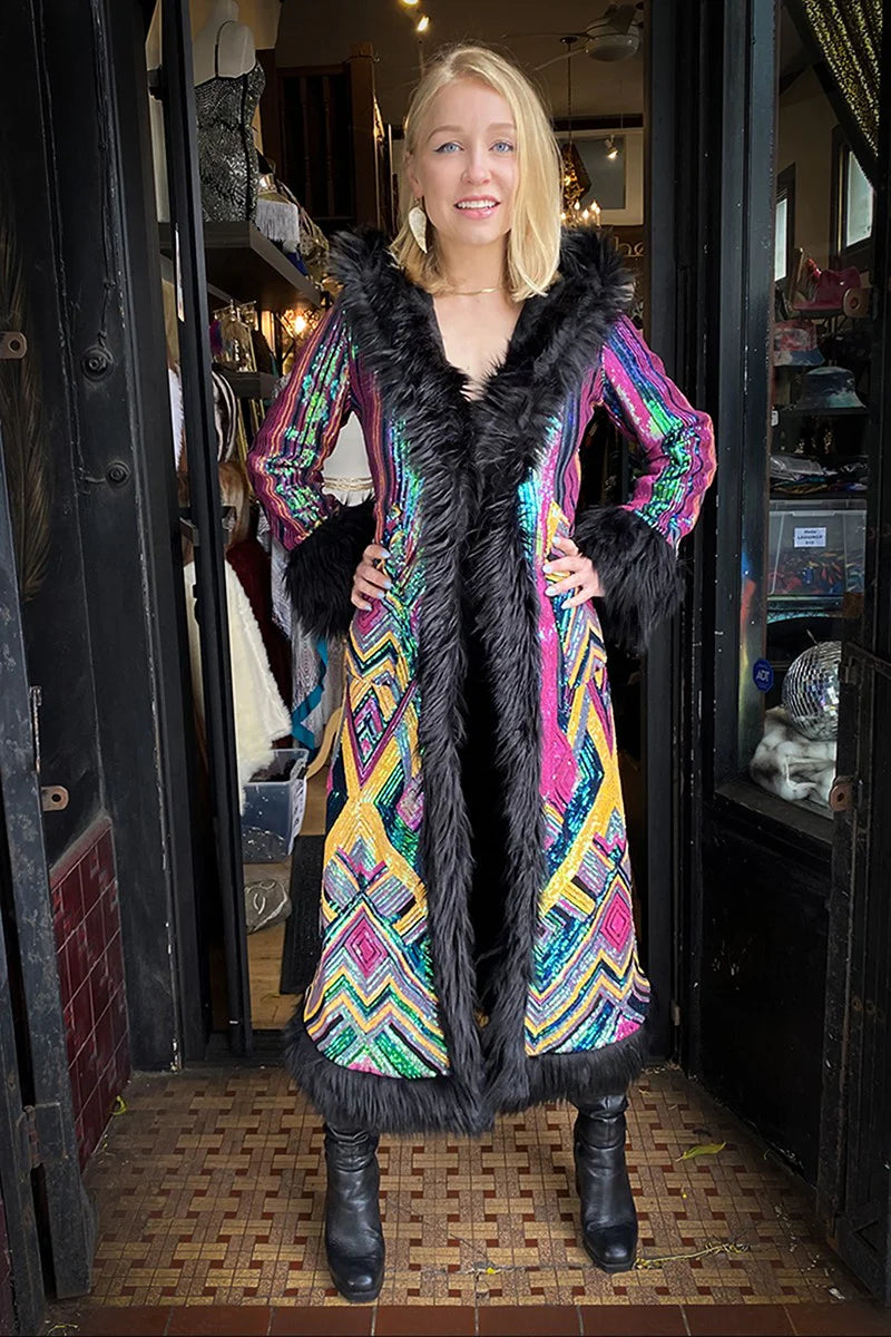 Deluxe Tamo Coat: Rainbow Deco Sequin + Black Faux Fur Trim