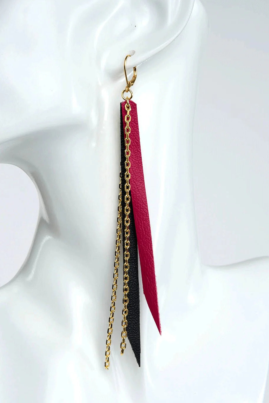 Fushia & Black Leather with Gold Chain Earrings