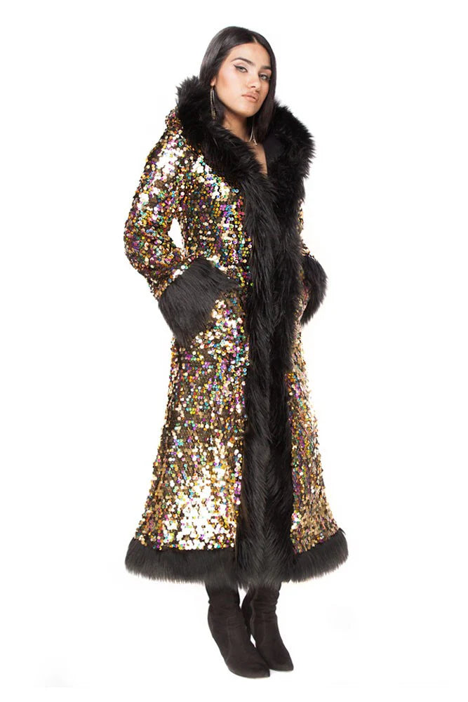 Deluxe Tamo Coat: Golden Rainbow + Black Faux Fur Trim