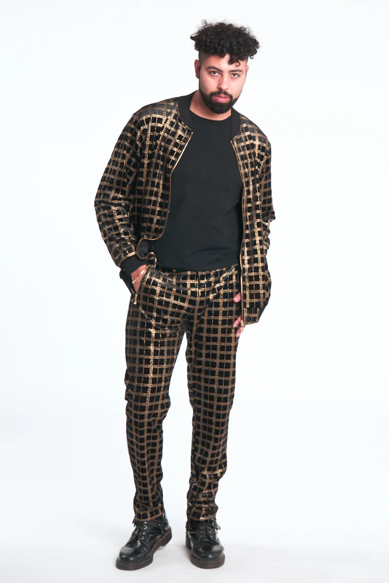 Gold Plaid Glitter Black Velour Track Suit