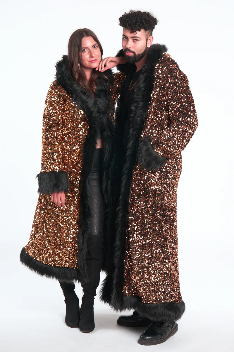 Deluxe Tamo Coat:  Solid Gold Sequin + Black Faux Fur Trim
