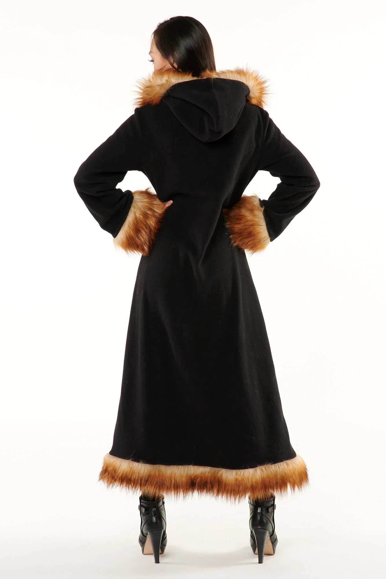 Classic Tamo Coat: Black Coat + Brown Fox Faux Fur Trim
