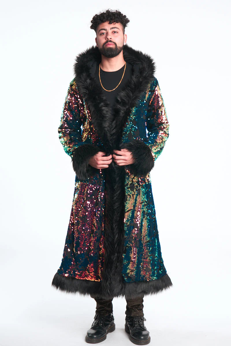 Deluxe Tamo Coat: Deep Sea Sequin + Black Faux Fur Trim