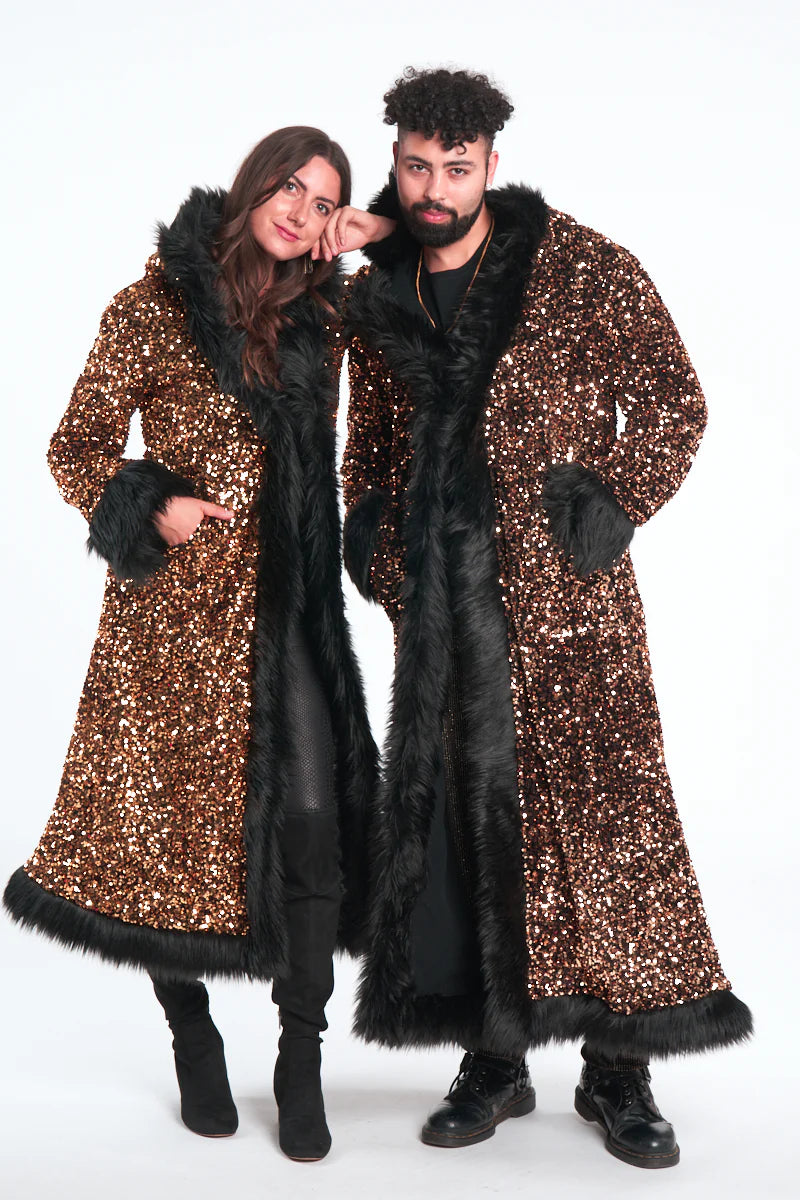 Deluxe Tamo Coat:  Solid Gold Sequin + Black Faux Fur Trim