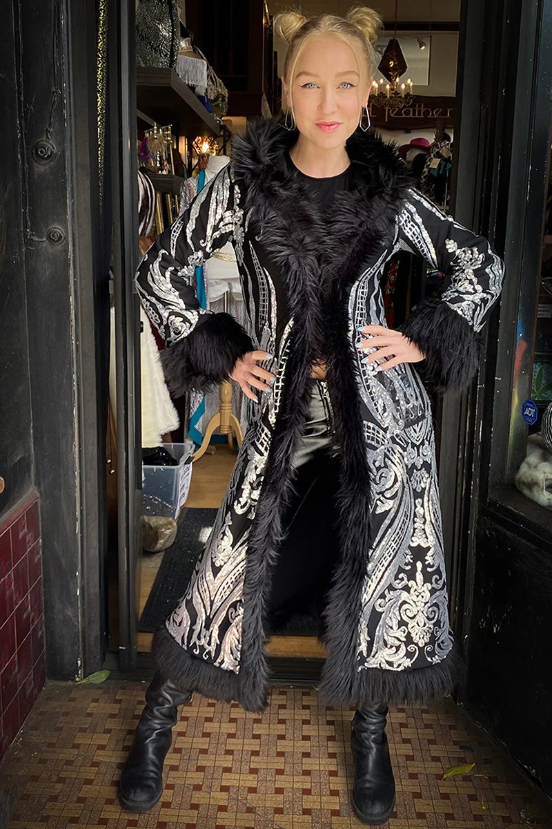 Deluxe Tamo Coat: Silver Baroque Sequin + Black Faux Fur Trim